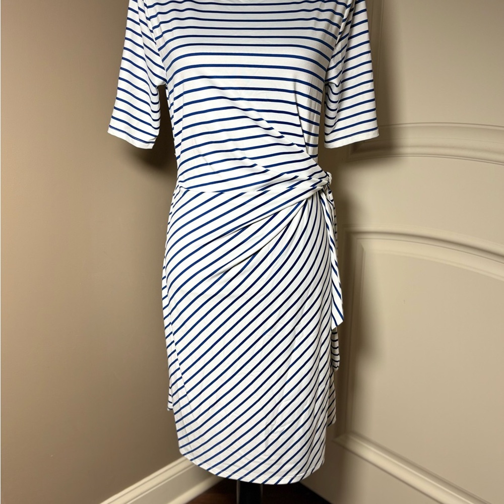 Lands’ End Elbow Sleeve Tie Waist Sheath Dress White & Navy Blue Nautical Sz S - Picture 5 of 16